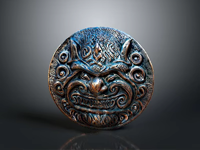 Ancient Bronze Shield With Round Shape Ornate Mythical Beast Face Carvings And Scroll Motifs 3d model