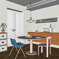 Dining Room With Red Round Table Blue Black Chairs Wooden Cabinets And Yellow Pendant Light