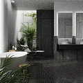 Modern Dark Tone Public Restroom With Freestanding Bathtub Green Indoor Plants And Double Vanity Mirrors