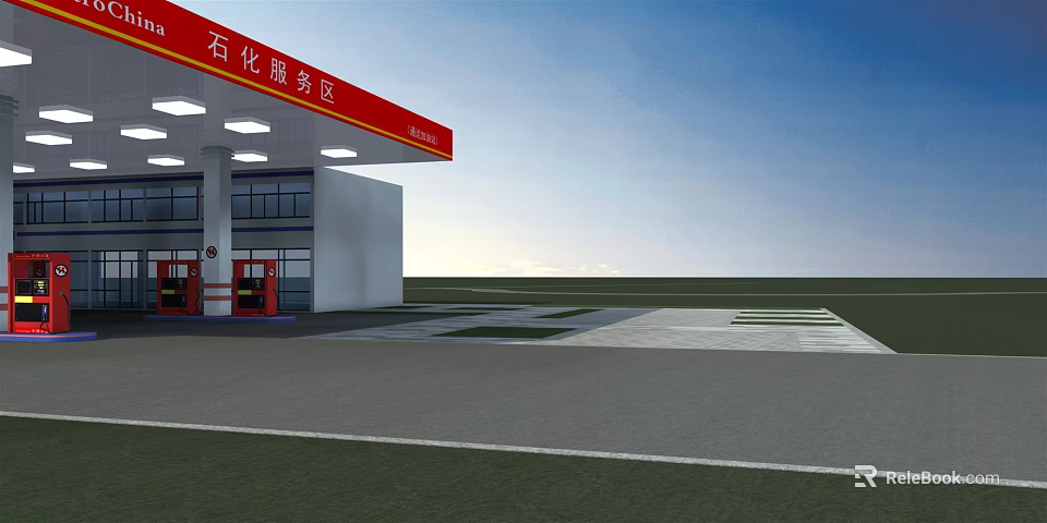 Petrochemical Service Area With Red Canopy White Building And Fuel Pumps 3d model 