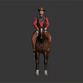 Cowboy In Red Shirt And Orange Hat Riding Brown Horse With Saddle And White Hooves