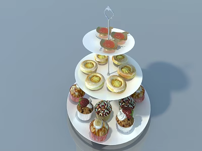 Stylish Swing Door Design With Three Tier Dessert Stand And Cupcakes 3d model