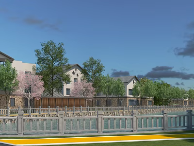 Scenic Rural Houses With Green Trees Stone Fence And Blue Sky 3d model