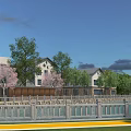 Scenic Rural Houses With Green Trees Stone Fence And Blue Sky
