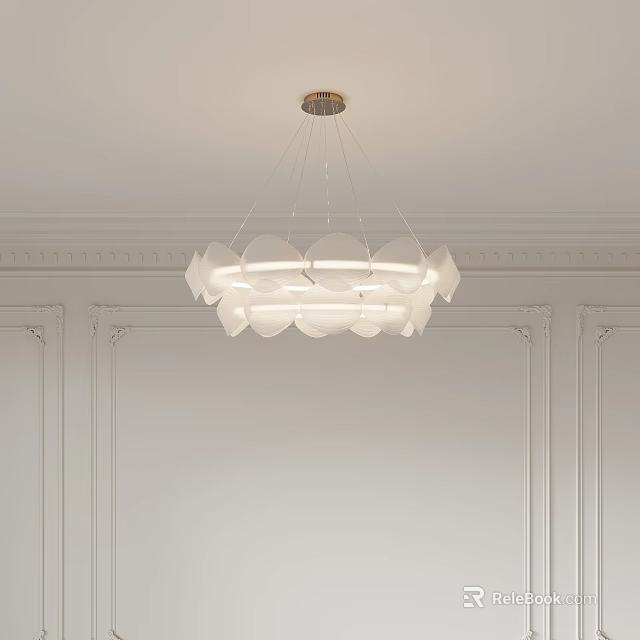 Modern White Chandelier With Petal Shaped Design Hanging From Ceiling In Minimalist Interior 3d model 