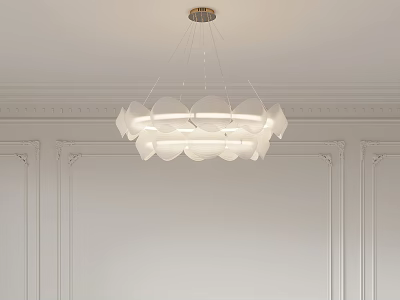 Modern White Chandelier With Petal Shaped Design Hanging From Ceiling In Minimalist Interior 3d model
