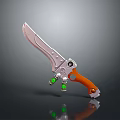 Futuristic Combat Knife With Silver Blade Orange Handle Green Gems And Metal Parts