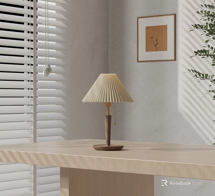 Pleated Lampshade Wooden Base Table Lamp On Light Wood Desk With Window Blinds And Decorative Painting 3d model 