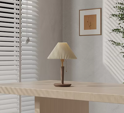 Pleated Lampshade Wooden Base Table Lamp On Light Wood Desk With Window Blinds And Decorative Painting 3d model