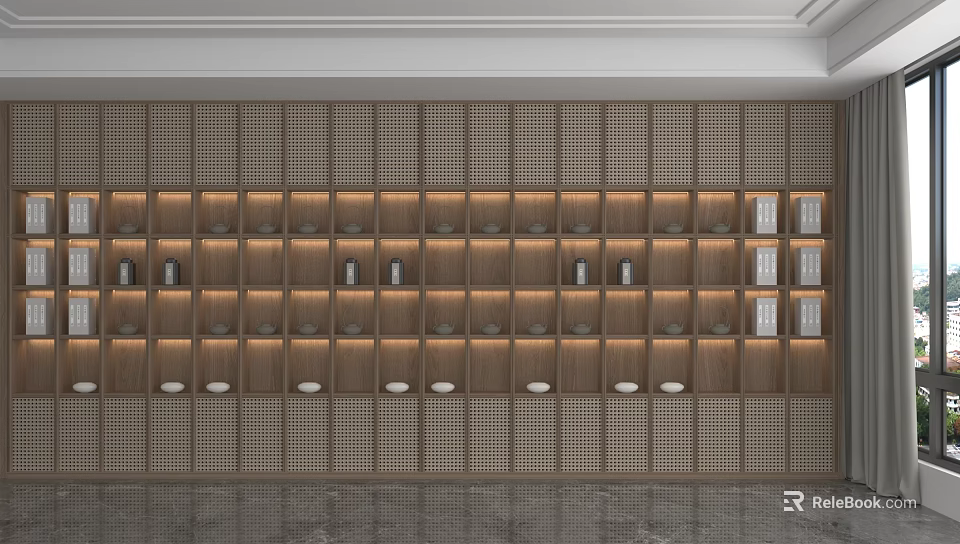 Modern Wooden Grid Design Shelving Unit With Illuminated Display Storage Compartments 3d model 