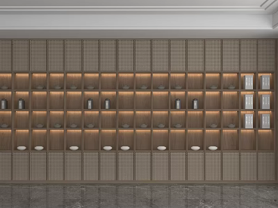 Modern Wooden Grid Design Shelving Unit With Illuminated Display Storage Compartments 3d model