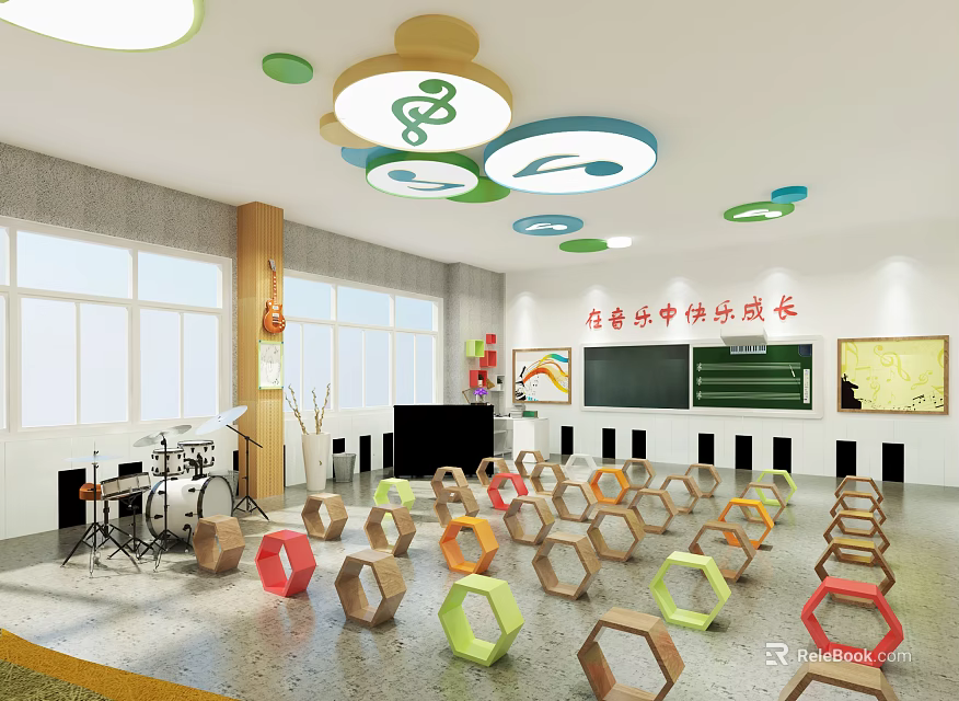 School Music Classroom With Colorful Hexagon Seats And Musical Note Pendant Lights 3d model 