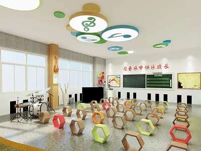 School Music Classroom With Colorful Hexagon Seats And Musical Note Pendant Lights 3d model