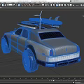 Silver Off Road Style Car with Surfboard Red Light on Roof and Front Grille Design
