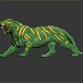 Green Roaring Tiger Figurine With Yellow Stripes On Black Reflective Surface