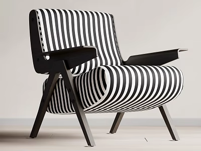 Modern Accent Chair With Black And White Striped Fabric And Wooden Armrests Design 3d model
