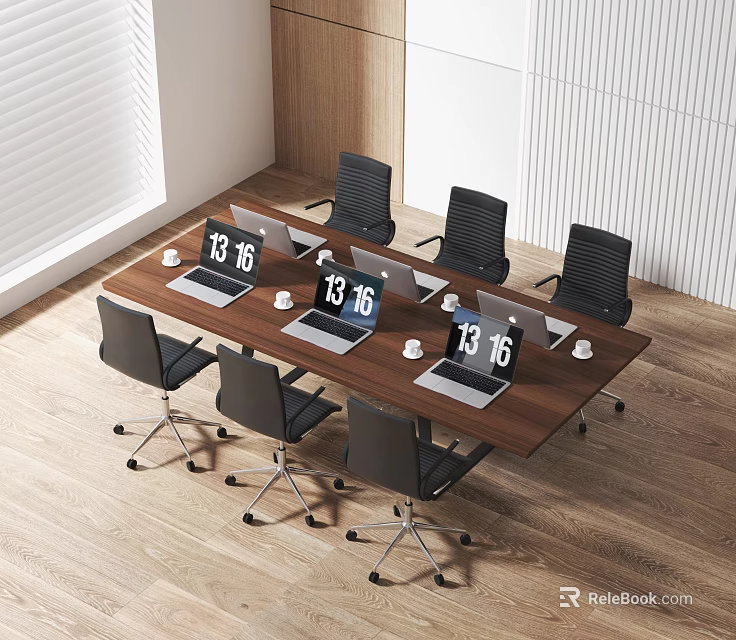 Wooden Conference Table With Black Office Chairs Laptops Coffee Cups And Time Display 1316 3d model 