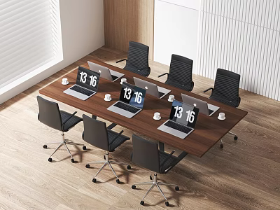 Wooden Conference Table With Black Office Chairs Laptops Coffee Cups And Time Display 1316 3d model