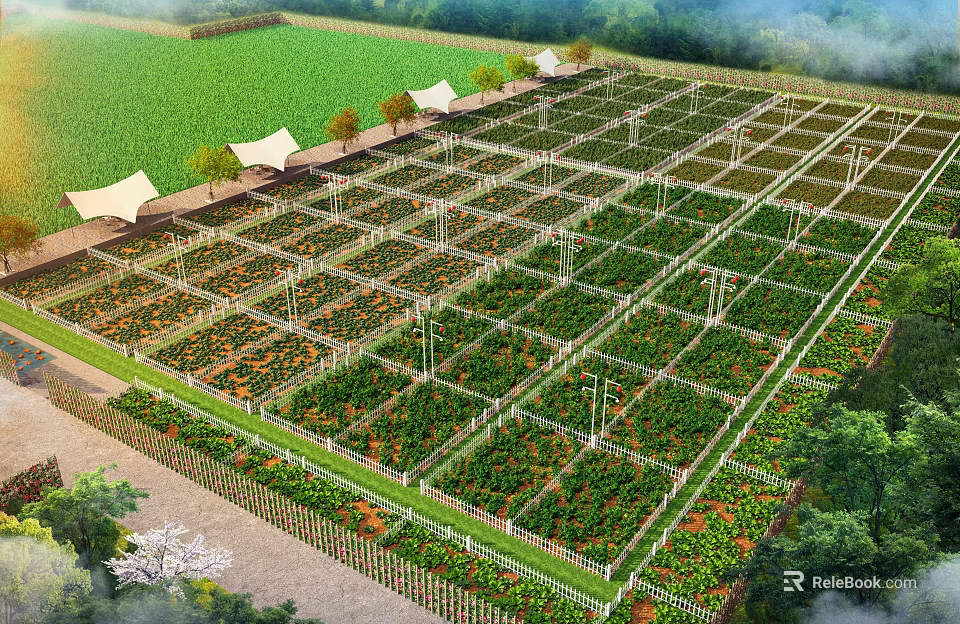 Organized Garden Landscape With Grid Planting Beds Green Vegetation Shade Canopies And Surrounding Trees 3d model 