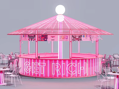 Pink Kiosk With Neon Lights Transparent Canopy GET RICH Sign And Tables Chairs 3d model