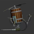 Futuristic Space Aerial Vehicle With Wooden Barrel Body Propellers And Mechanical Legs