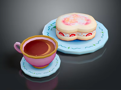 Brown Drink in Pink Teacup with Light Blue Coaster and Sandwich on Light Blue Plate 3d model