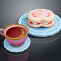 Brown Drink in Pink Teacup with Light Blue Coaster and Sandwich on Light Blue Plate
