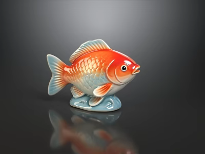 Red And Blue Ceramic Fish Figurine With Scales Texture And Wave Base Decor 3d model