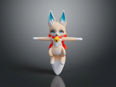 Cute White Cartoon Figure With Blue Ears Red Scarf And Yellow Bell On White Base 3d model