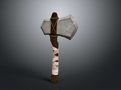Medieval Double Bladed Axe With Wooden Handle And White Straps 3d model