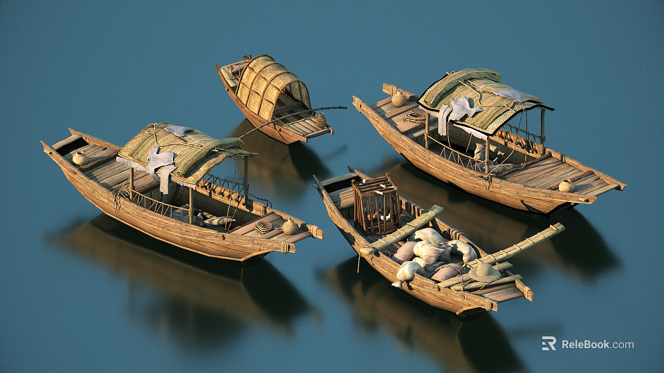 Traditional Wooden Boats on Calm Water Surface With Bamboo Canopies and Reflections 3d model 