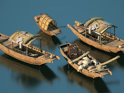 Traditional Wooden Boats on Calm Water Surface With Bamboo Canopies and Reflections 3d model