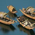 Traditional Wooden Boats on Calm Water Surface With Bamboo Canopies and Reflections