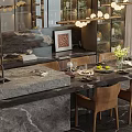 Modern Dining Table Set With Marble Counter Leather Chairs Hanging Lights And Flower Vase