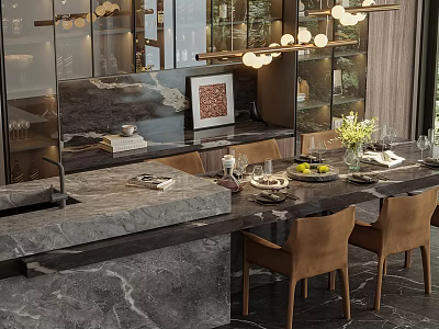 Modern Dining Table Set With Marble Counter Leather Chairs Hanging Lights And Flower Vase 3d model
