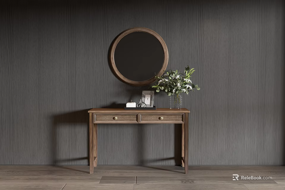 Wooden Console Table With Round Mirror And Green Plant Vase On Gray Wall Background 3d model 