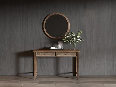 Wooden Console Table With Round Mirror And Green Plant Vase On Gray Wall Background 3d model