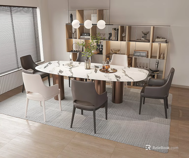 Modern Oval Marble Top Dining Table Set With Chairs And Cabinet Decorations 3d model 