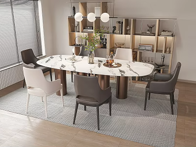 Modern Oval Marble Top Dining Table Set With Chairs And Cabinet Decorations 3d model