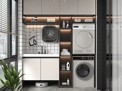 Modern Home Balcony with Blinds Washing Machine Dryer Sink Cabinets Storage and Green Plant 3d model