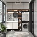 Modern Home Balcony with Blinds Washing Machine Dryer Sink Cabinets Storage and Green Plant