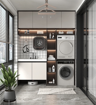 Modern Balcony Laundry Cabinet Combination Laundry Room Home Appliances Combination Sweeper Washing Machine Dryer Hanger Living Balcony 3d model