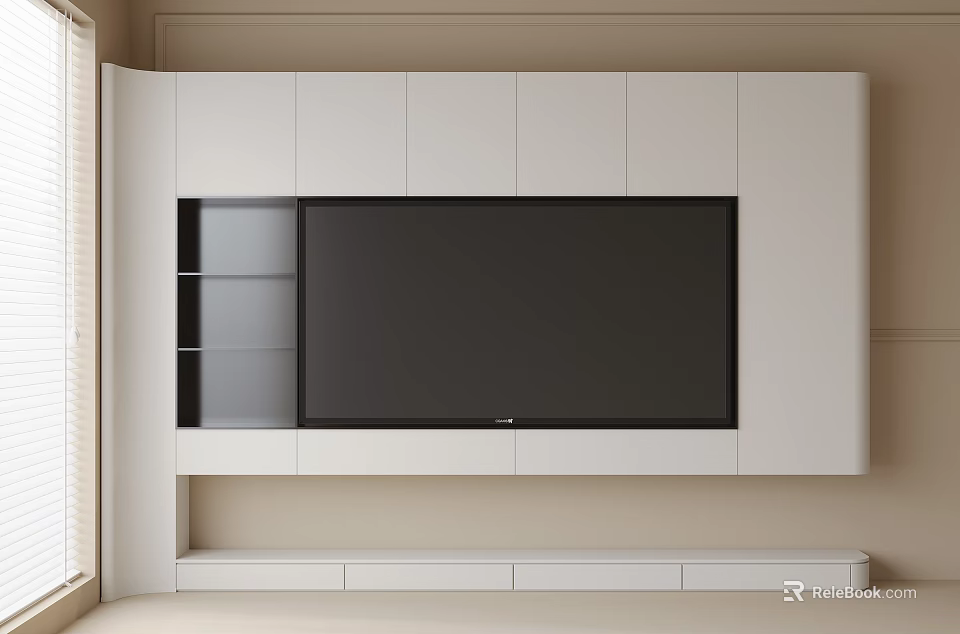 Modern TV Wall Design With White Cabinetry Large Screen TV And Glass Shelves 3d model 