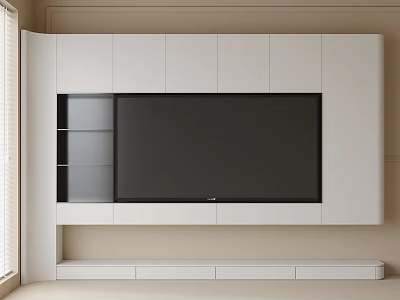 Modern TV Wall Design With White Cabinetry Large Screen TV And Glass Shelves 3d model