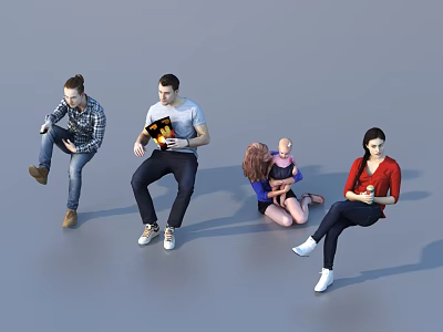 Group of People Sitting in Casual Poses Holding Drinks and Mobile Devices 3d model