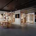 Modern Conference Room with Round Wooden Table Chairs Bookshelves with Books and Windows