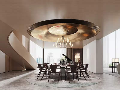 Modern Restaurant Interior With Round Dining Table Chandelier Large Windows And Grand Piano 3d model