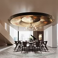 Modern Restaurant Interior With Round Dining Table Chandelier Large Windows And Grand Piano