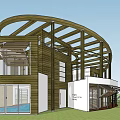Modern Detached Villa With Circular Wooden Roof Surrounded by Trees Stone Walls and Grass