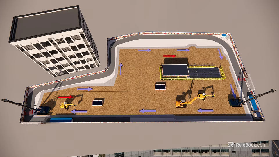 Road Facilities Construction Site With Heavy Equipment And Surrounding Buildings 3d model 